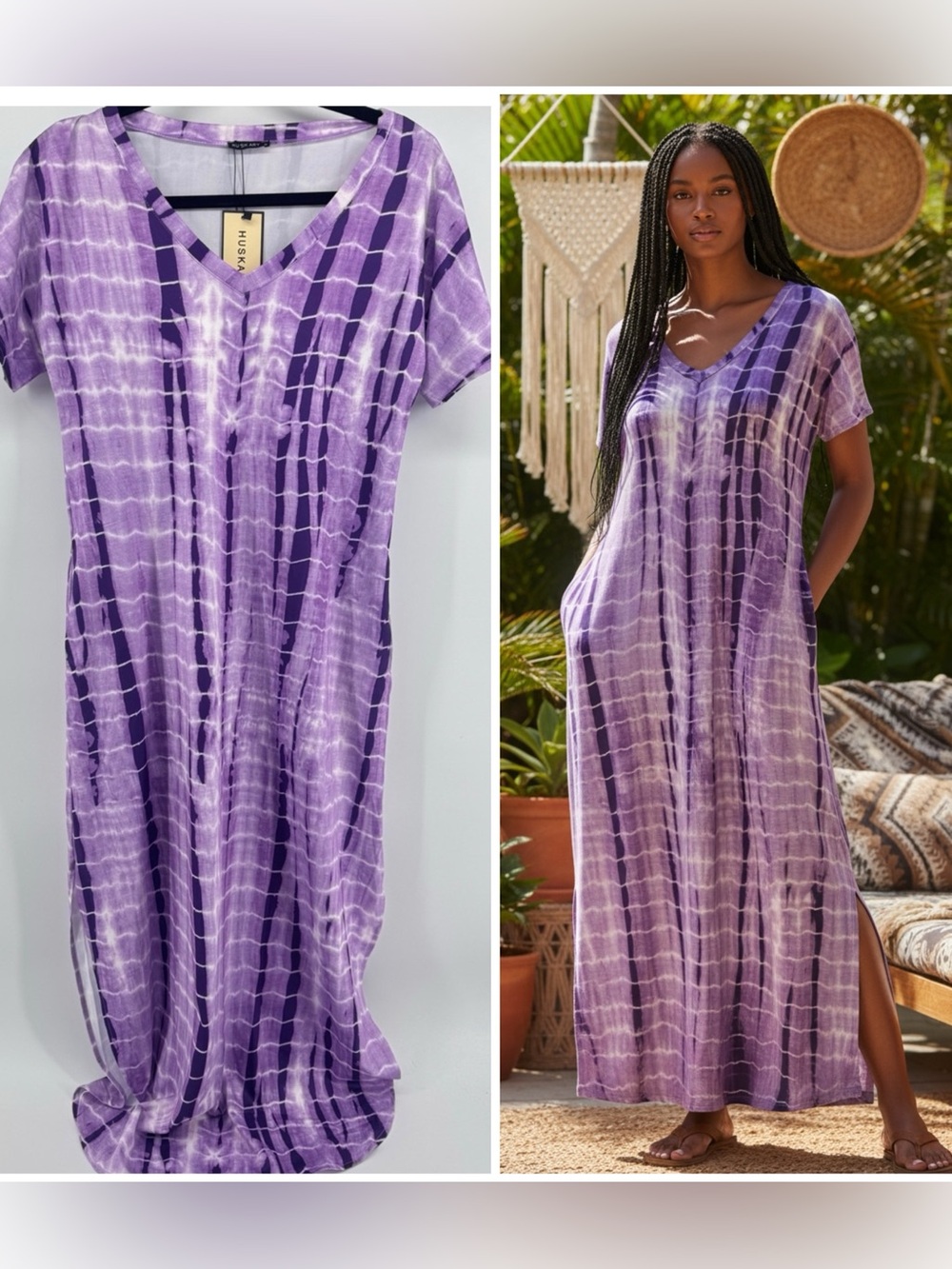 Huskary Purple Tie-Dye V-Neck Maxi Dress BOHO  Pockets lightweight NWT Women's M